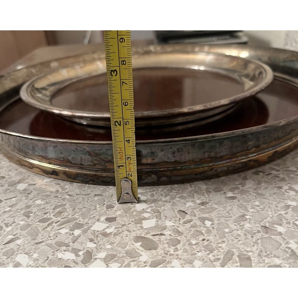 Round Serving Cocktail Tray Formica Wood Grain Set of 2 MCM Vintage Cresent & ? - Picture 12 of 12